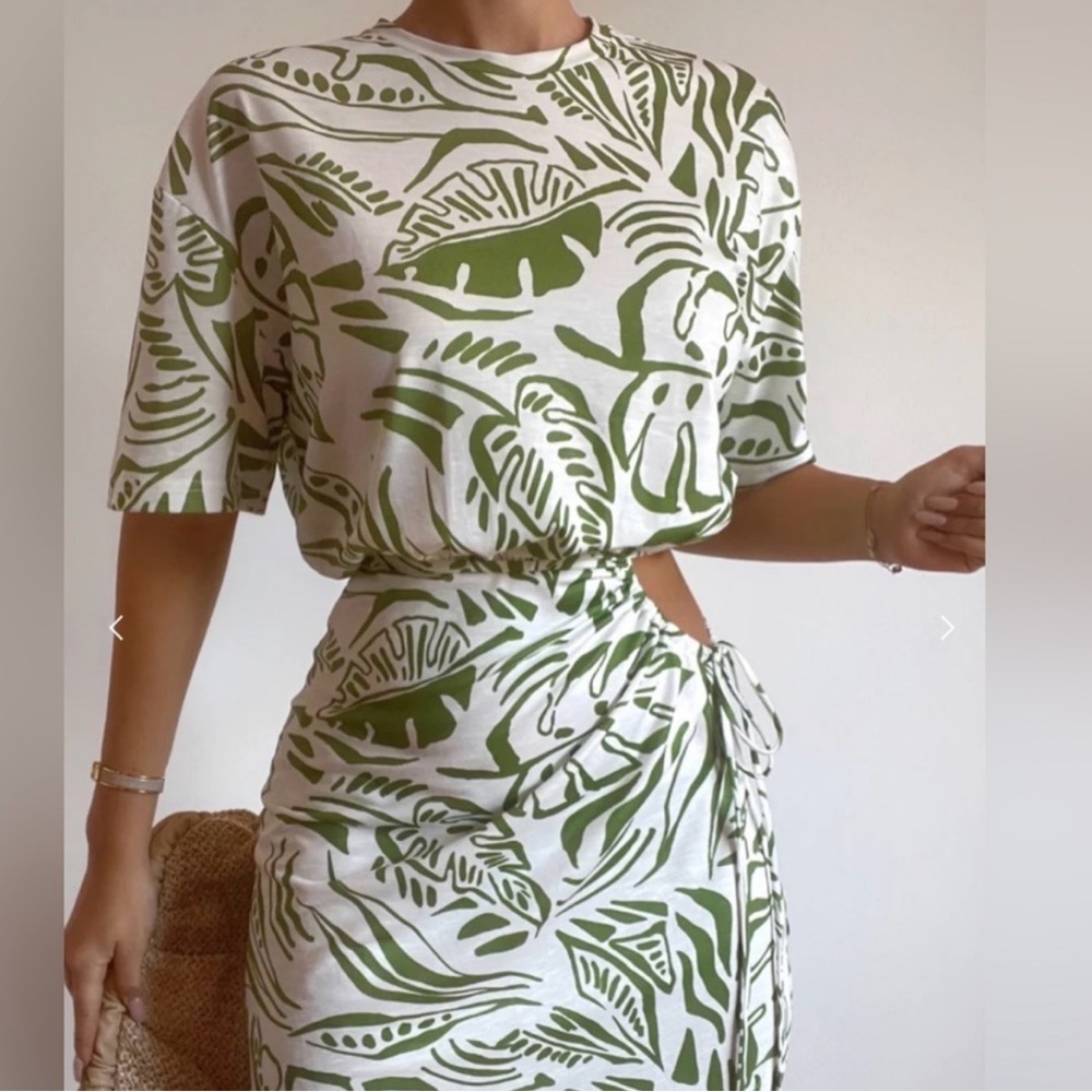 Green Leaf Print Mini Dress - Breathable Summer Style